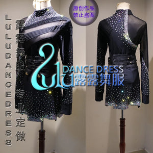 Men's Black Rhinestone Mesh Long Sleeve Latin Dance Shirt with Belt Detail