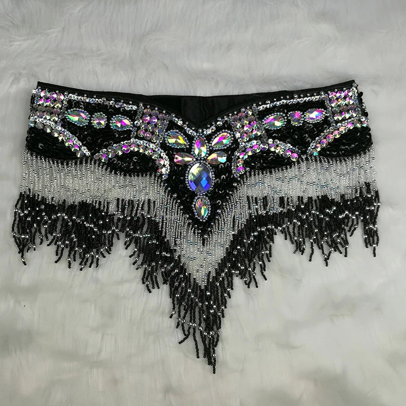 Belly Dance Hip Scarf, Women's Black & Silver Sequin Beaded Fringe Hip Belt, Tribal Dance Skirt