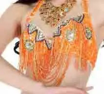Belly Dance Costume Women Gold Sequin Beaded Fringe Halter Top and Belt Set with Rhinestone Necklace