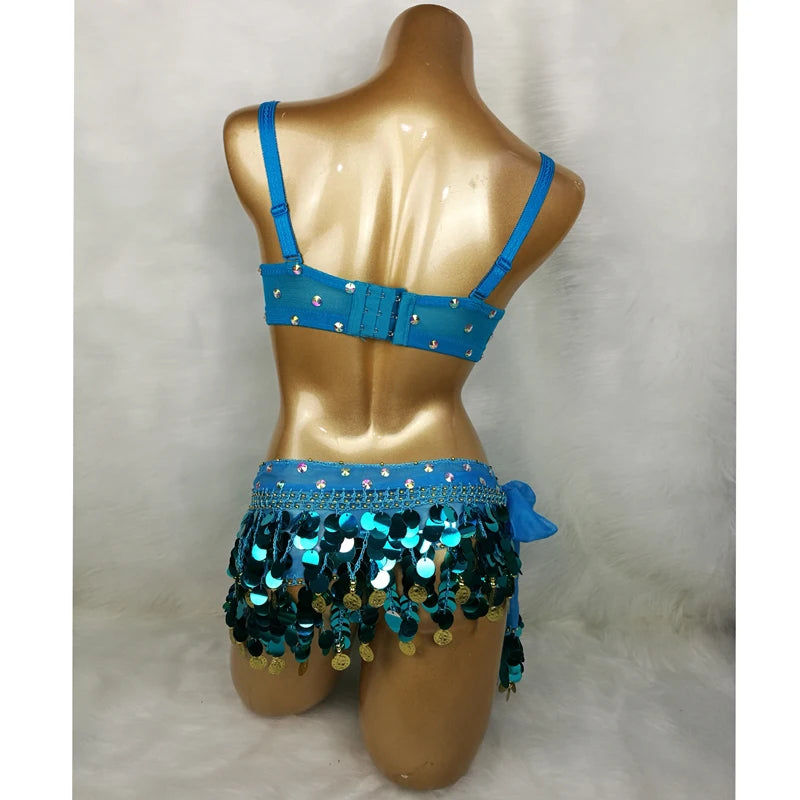 Women's Blue Sequin Beaded Fringe Belly Dance Costume Bra and Belt Set