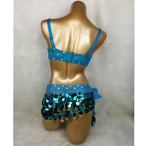 Women's Blue Sequin Beaded Fringe Belly Dance Costume Bra and Belt Set