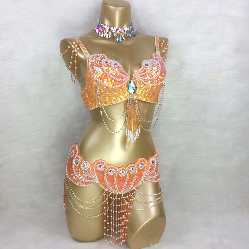 Belly Dance Costume, Women's Turquoise Sequin Beaded Chiffon Bra and Belt Set with Rhinestone Choker