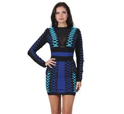 Blue and Black Lace-Up Long Sleeve Mini Bodycon Dress with Mesh Inserts for Women