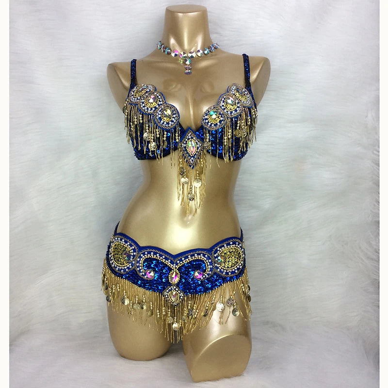 Belly Dance Bra and Belt Set, Women's Gold Sequin Beaded Fringe, Crystal Embellished, Tribal Fusion Dancewear