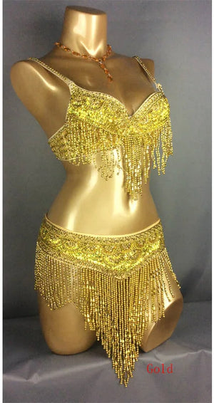 Belly Dance Bra and Belt Set, Women's Gold Sequin Beaded Fringe, Tribal Fusion Performance Costume