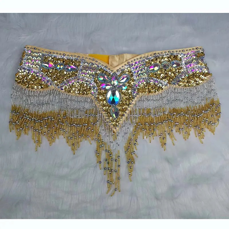 Belly Dance Hip Scarf, Women's Black & Silver Sequin Beaded Fringe Hip Belt, Tribal Dance Skirt