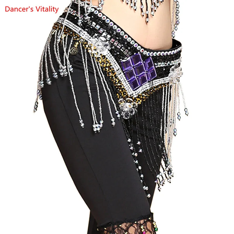 Belly Dance Hip Scarf, Women's Red Sequin & Beaded Fringe Hip Belt for Performance & Practice