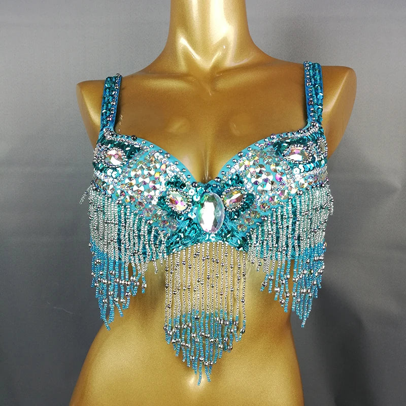 Women's Black Sequin Beaded Fringe Belly Dance Bra Top