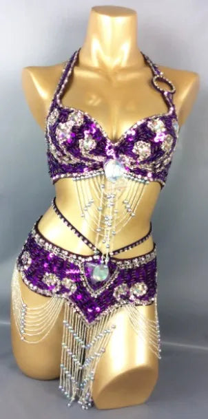 Belly Dance Costume, Women's Gold Sequin & Rhinestone Halter Bra & Hip Scarf Set with Beaded Fringe, Professional Performance Wear