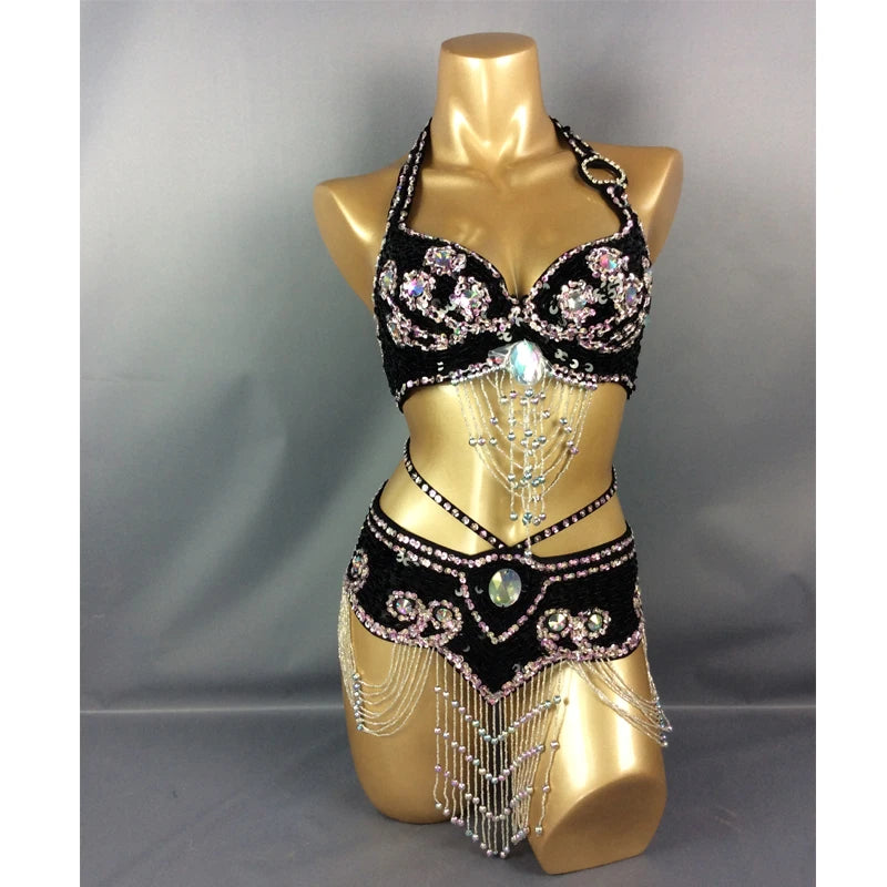 Belly Dance Costume, Women's Gold Sequin & Rhinestone Halter Bra & Hip Scarf Set with Beaded Fringe, Professional Performance Wear