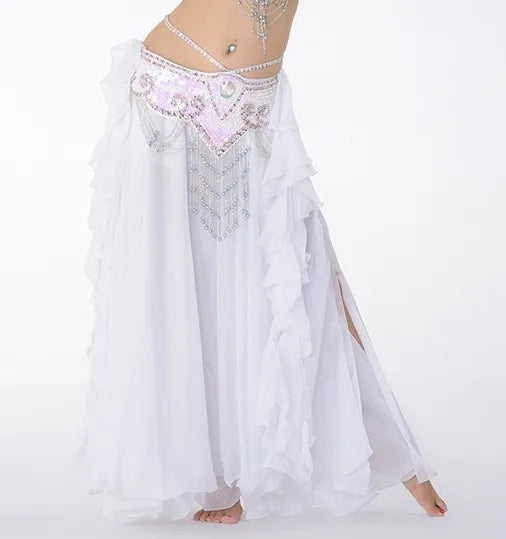 Belly Dance Skirt, Women's Pink Chiffon Ruffle Tiered Maxi Skirt, Flowy Tribal Dancewear