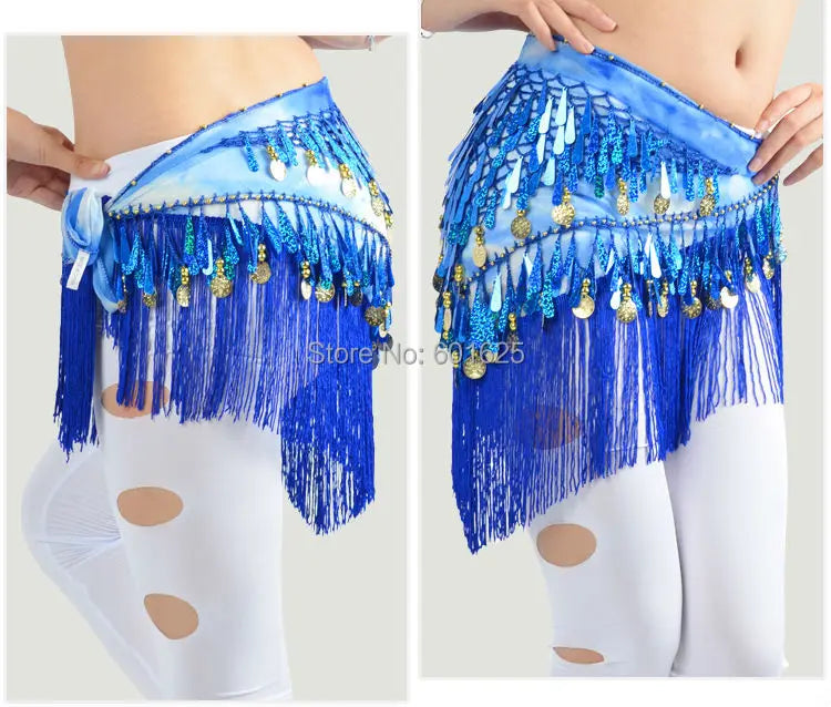 Belly Dance Hip Scarf, Women's Blue Tie-Dye Fringe & Sequin Coin Belt, Asymmetrical Tassel Skirt for Tribal Fusion & Practice