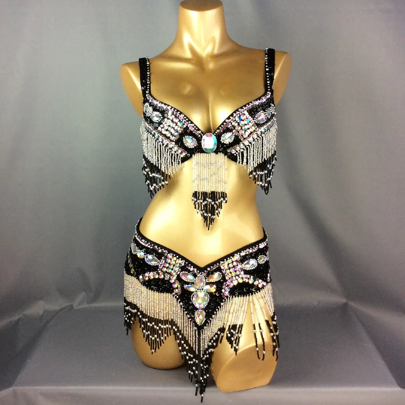 Women's Black & Silver Beaded Sequin Fringe Belly Dance Costume Set