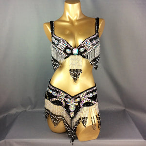 Women's Black & Silver Beaded Sequin Fringe Belly Dance Costume Set