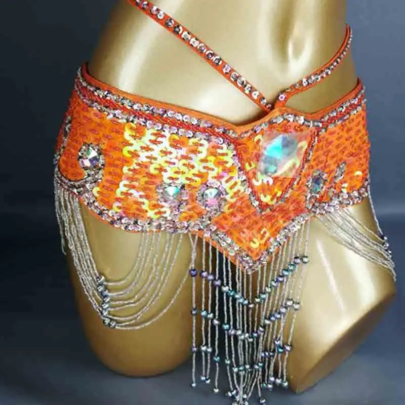 Belly Dance Hip Scarf, Women's Aqua Blue Sequin Beaded Tassel Belt, Professional Performance Costume