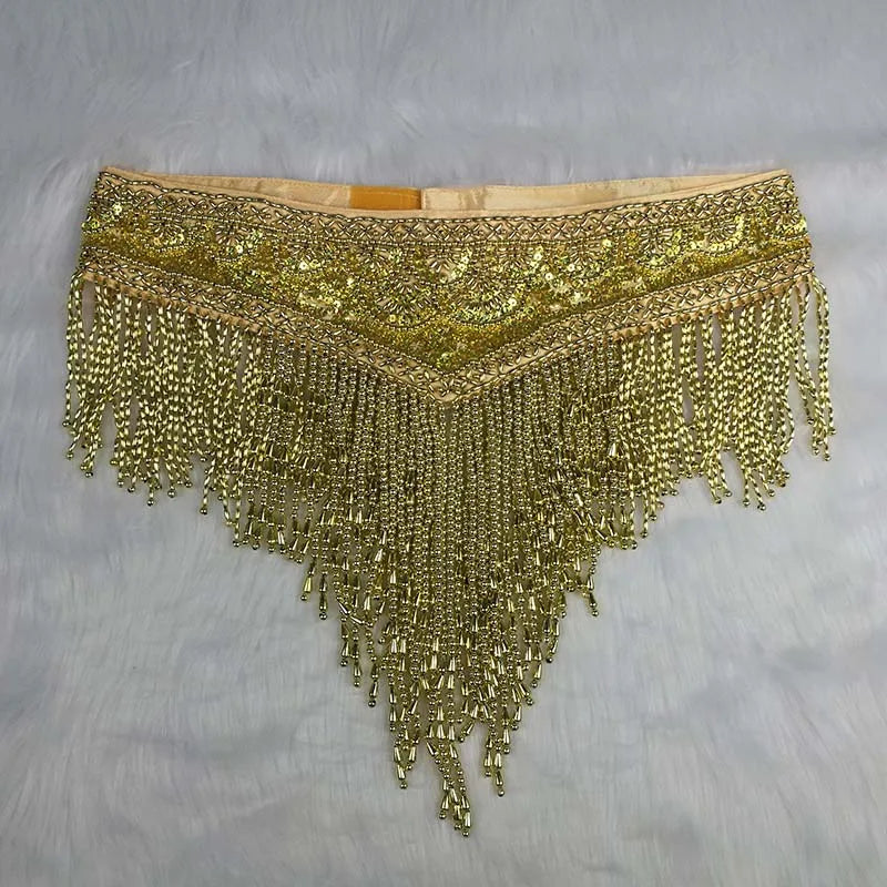Belly Dance Hip Scarf, Women's Red Beaded Sequin Fringe Tassel Skirt, Latin Dance Costume Accessory