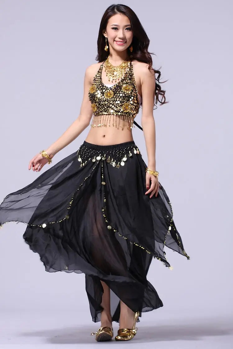 Women's Royal Blue Sequin Halter Belly Dance Costume Set with Coin Skirt