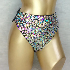 High-Waisted Women's Iridescent Rhinestone Embellished Black Dance Shorts, Crystal Studded Bottoms