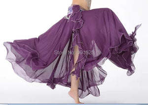 Belly Dance Skirt, Women's Pink Chiffon Ruffle Tiered Maxi Skirt, Flowy Tribal Dancewear