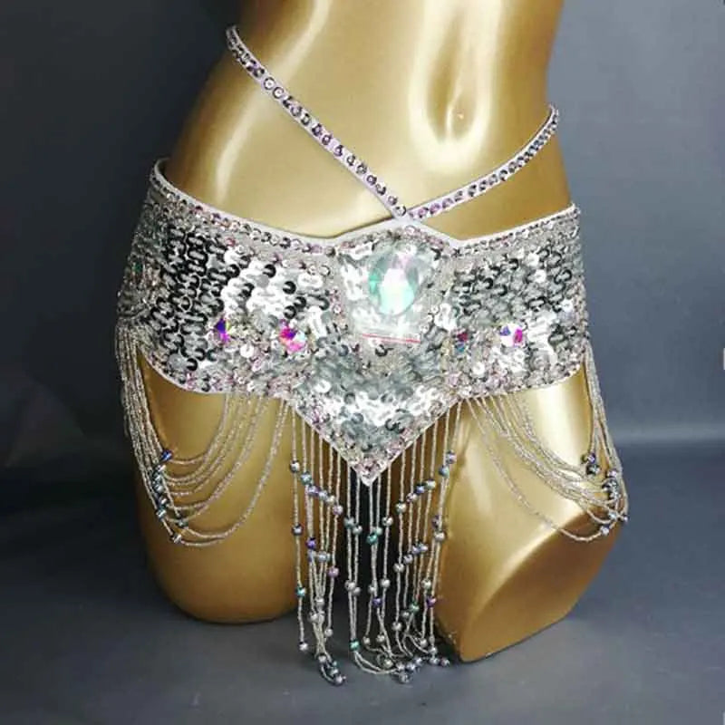 Belly Dance Hip Scarf, Women's Aqua Blue Sequin Beaded Tassel Belt, Professional Performance Costume