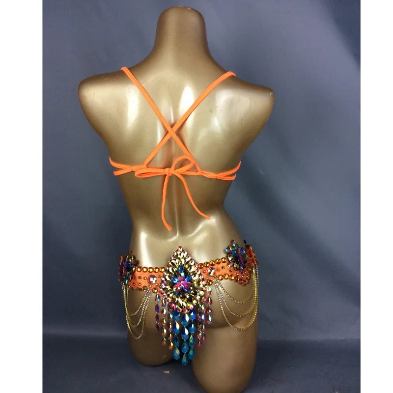 Belly Dance Costume, Women's Orange Sequin Rhinestone Bra and Belt Set with Draping Chains, Samba/Carnival/Burlesque Dancewear
