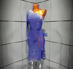 Women's Blue Sequin One-Shoulder Long Sleeve Slit Latin Rhythm Dance Dress