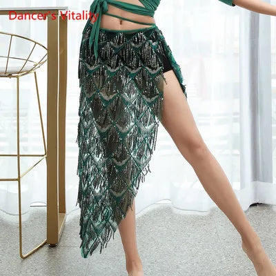 Belly Dance Skirt Women's Gold Sequin Mesh Asymmetrical Hip Scarf with Fringe Tassels, Latin Rumba Performance Wrap