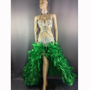 Women's White Sequin & Rhinestone Embellished Halter Neck Belly Dance Costume with Ruffled High-Low Skirt