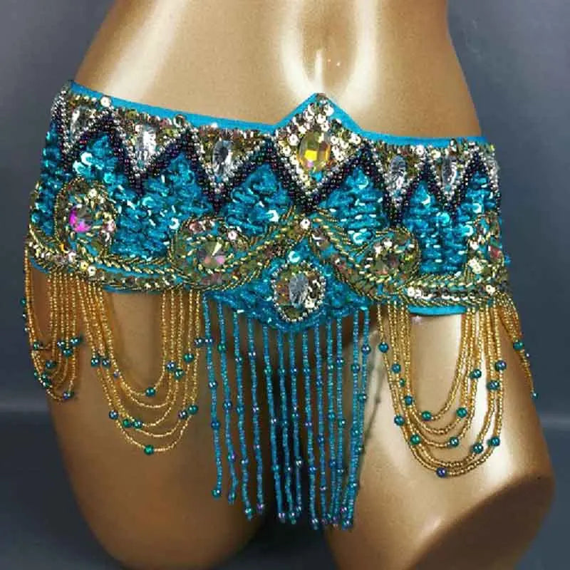 Belly Dance Hip Scarf, Women's Royal Blue Sequin & Bead Embellished Hip Belt with Gold & Iridescent Fringe, Tribal Fusion Dancewear