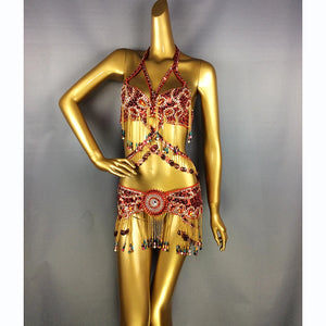 Belly Dance Costume Women's Blue Sequin Beaded Fringe Halter Top and Hip Scarf Set for Eastern Dance Performance