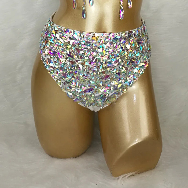 High-Waisted Women's Iridescent Rhinestone Embellished Black Dance Shorts, Crystal Studded Bottoms