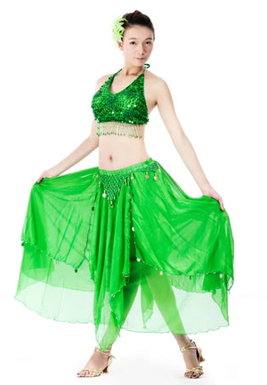 Women's Royal Blue Sequin Halter Belly Dance Costume Set with Coin Skirt