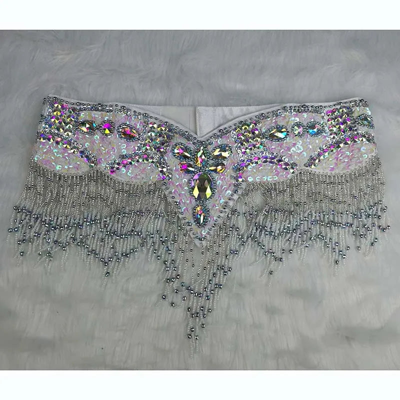 Belly Dance Hip Scarf, Women's Black & Silver Sequin Beaded Fringe Hip Belt, Tribal Dance Skirt