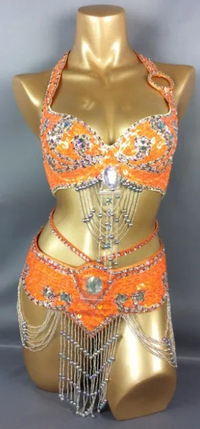 Belly Dance Costume, Women's Gold Sequin & Rhinestone Halter Bra & Hip Scarf Set with Beaded Fringe, Professional Performance Wear