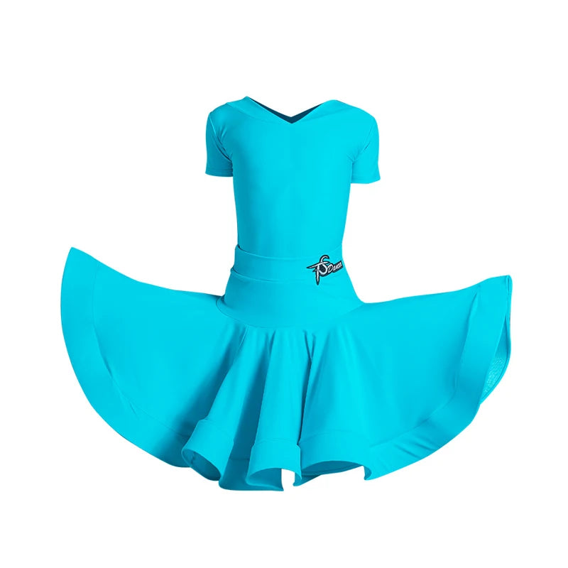 Girls Latin Dance Dress, Yellow, Blue, Red, Purple V-Neck Short Sleeve Ruffled Skirt, Performance Ballroom Dancewear