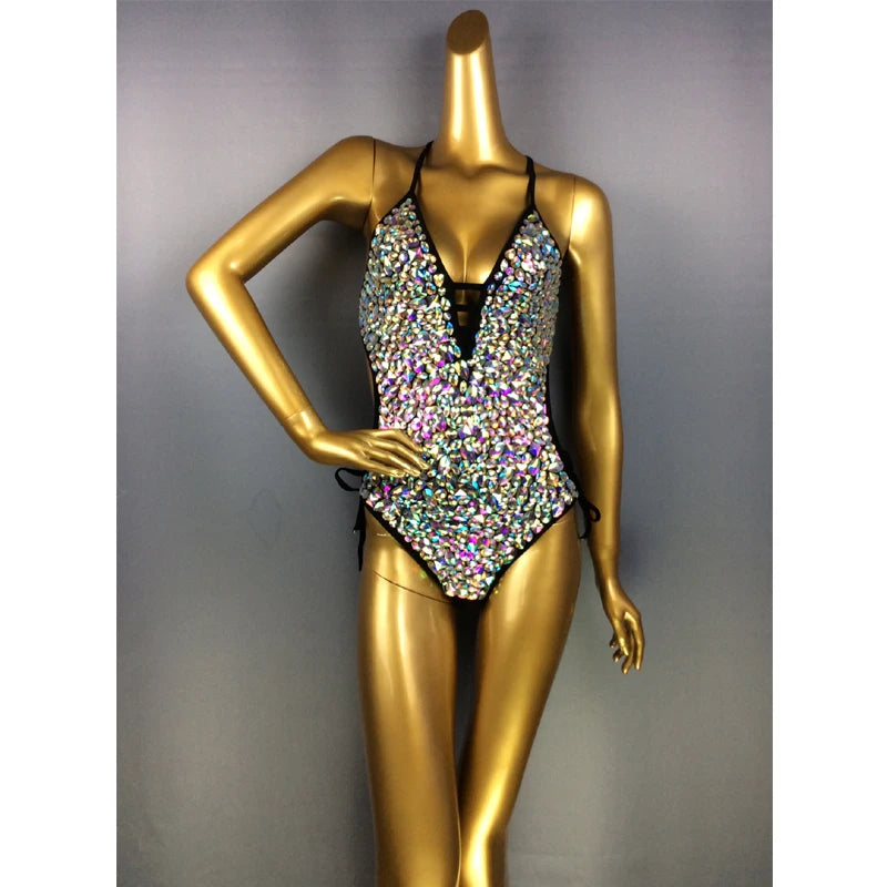 Bodysuit Women's Iridescent Sequin Rhinestone Halter V-Neck Side Tie Leotard, Stage Performance Dancewear