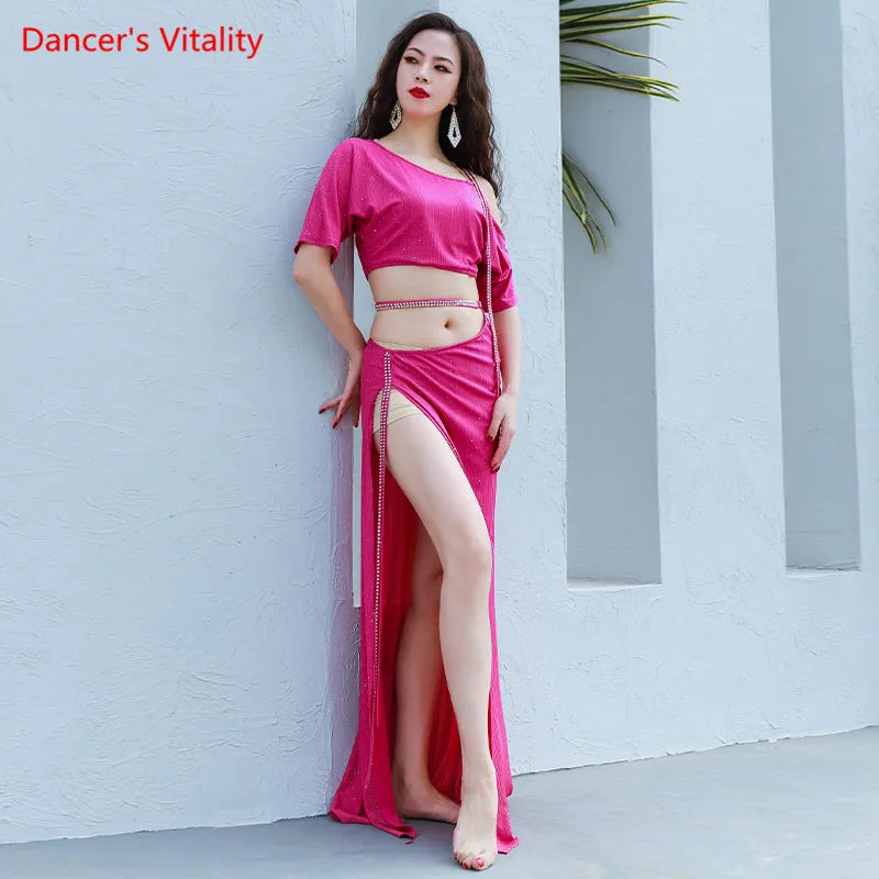 Belly Dance Women's Purple Shimmer Crop Top and High Slit Maxi Skirt Set, Sequin Trim, Performance Costume