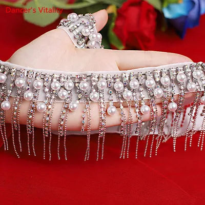 Belly Dance Armband, Women's White Pearl and Rhinestone Fringe Armband, Belly Dance