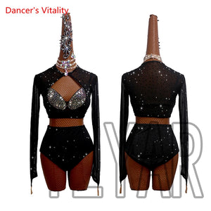 Latin Dance Costume Women's Black Rhinestone Mesh Long Sleeve Crop Top and High Waist Shorts