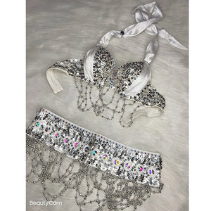 Belly Dance Costume Women's Gold Sequin Beaded Halter Bra and Hip Scarf Set with Chain Fringe