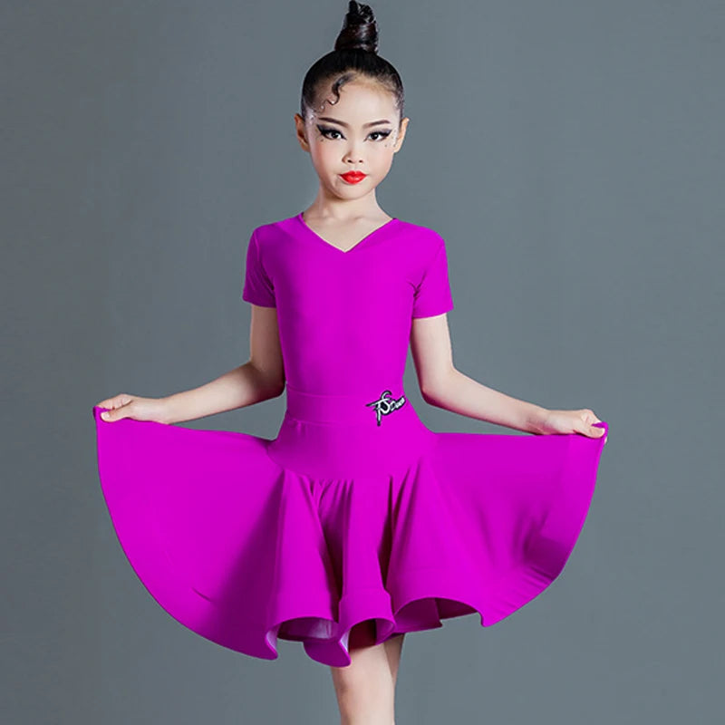 Girls Latin Dance Dress, Yellow, Blue, Red, Purple V-Neck Short Sleeve Ruffled Skirt, Performance Ballroom Dancewear