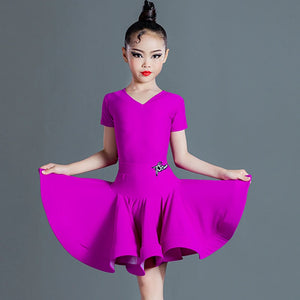 Girls Latin Dance Dress, Yellow, Blue, Red, Purple V-Neck Short Sleeve Ruffled Skirt, Performance Ballroom Dancewear