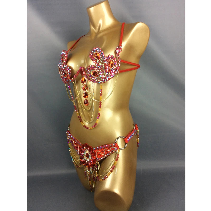 Belly Dance Costume, Women's Red & Gold Beaded Crystal Bra & Belt Set, Latin & Samba Dancewear