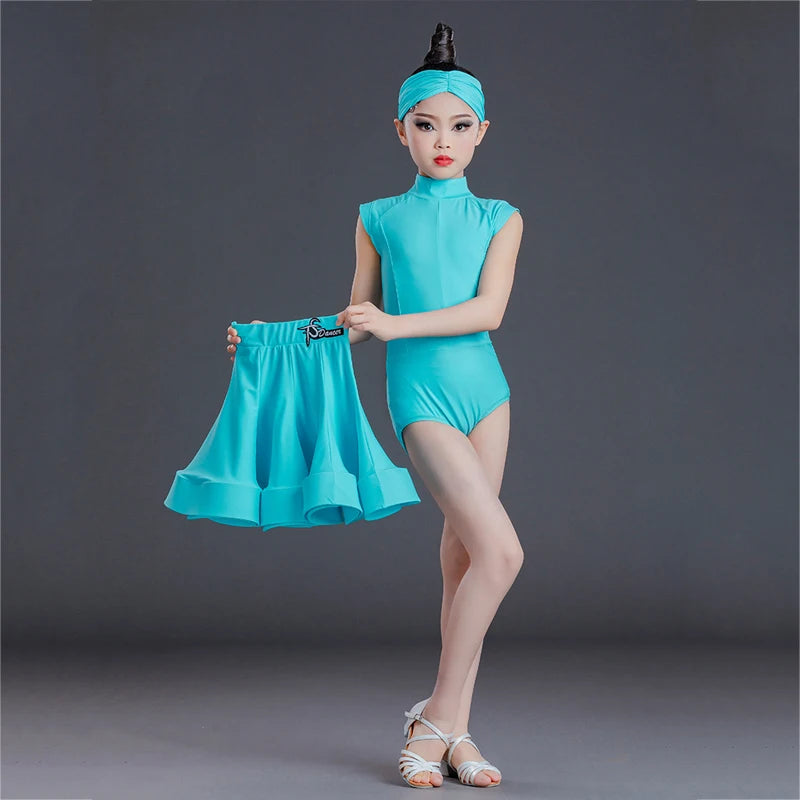 Girls' Aqua Latin Dance Dress with Headband, Short Sleeve, Ballroom Rumba Cha Cha Samba