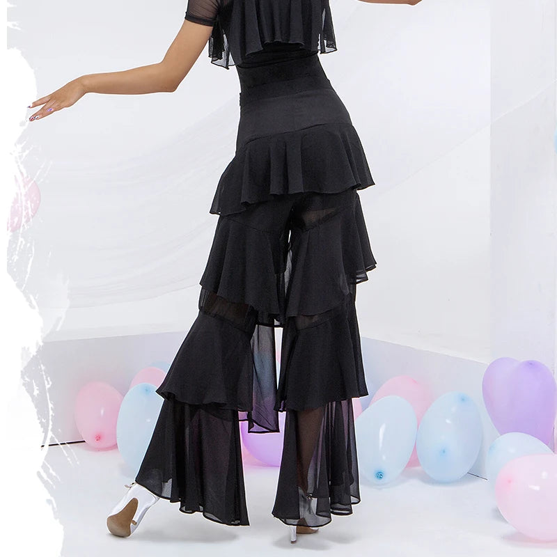 Women's Black Tiered Chiffon Latin Dance Pants