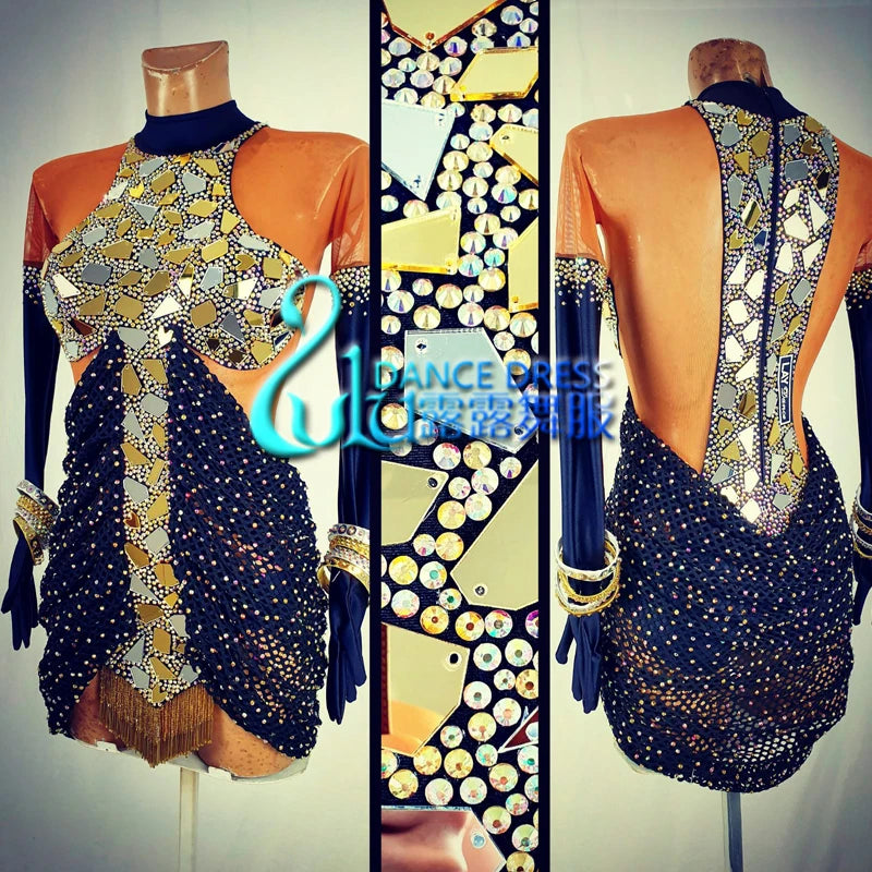 Latin Dance Dress Women Black & Gold Mesh Open Back Mirrored Sequin Rhinestone Fringe