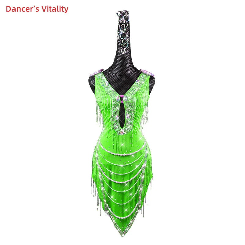 Latin Dance Dress Women's Blue Rhinestone Fringe Pearl Beaded V-Neck Backless Sleeveless Ballroom Salsa Rumba Performance Dress