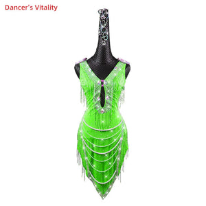 Latin Dance Dress Women's Blue Rhinestone Fringe Pearl Beaded V-Neck Backless Sleeveless Ballroom Salsa Rumba Performance Dress