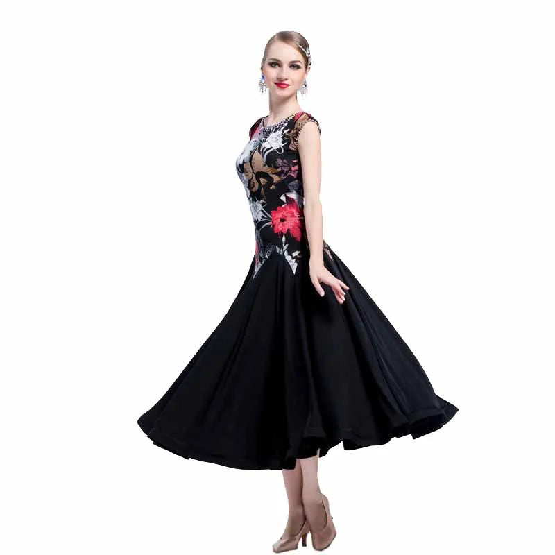 Women's Ballroom Practice Dress With Floating Hem And Printed Pattern For Adults