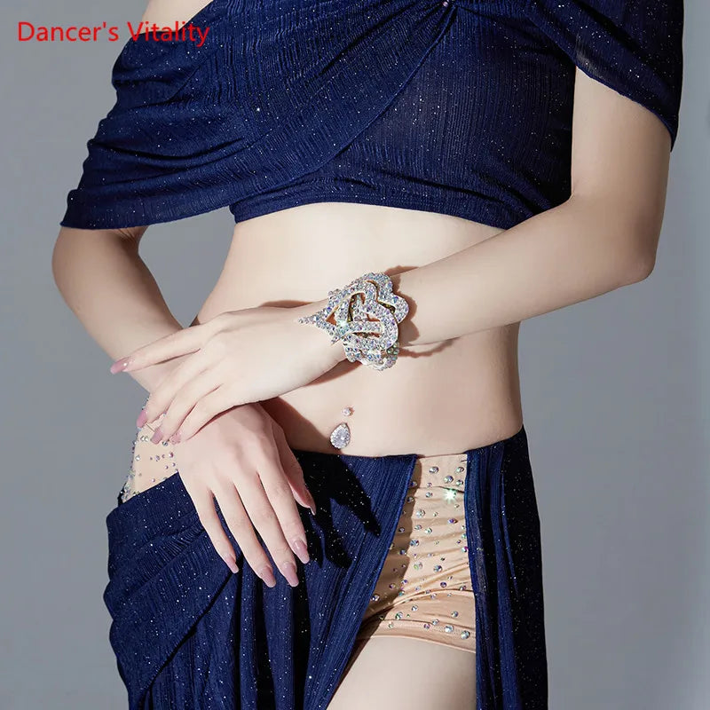 Belly Dance Costume Women's Navy Blue Sparkle Off-Shoulder Top and Skirt Set with Rhinestone Heart Belt
